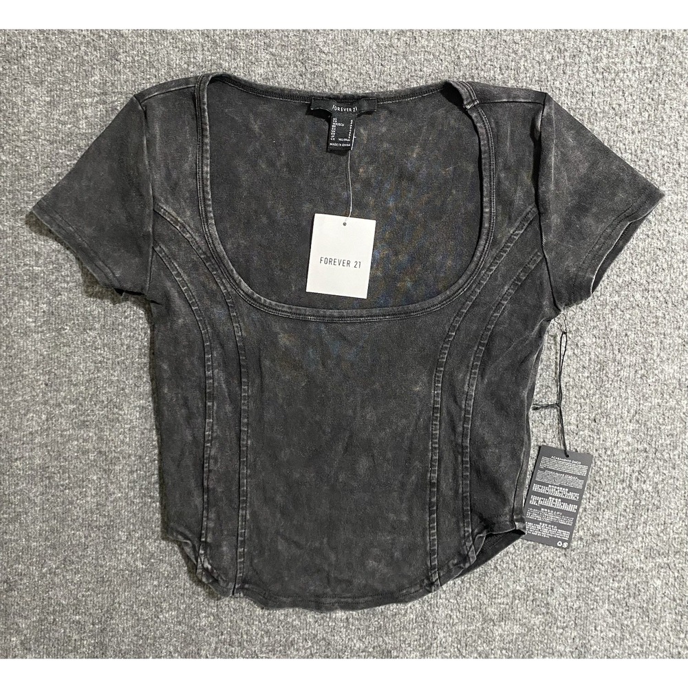 Forever 21 Women Acid Wash Cropped Baby Tee Gray Black Square Neck Small NWT